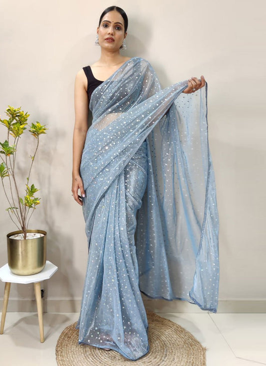 Classic Net Aqua Blue Sequins Saree