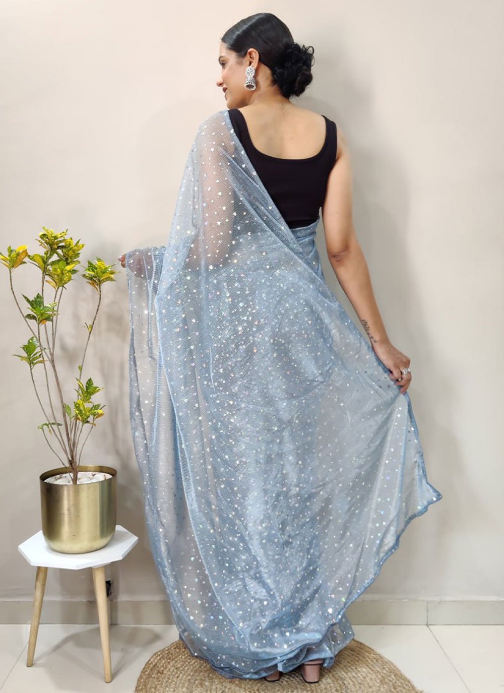 Classic Net Aqua Blue Sequins Saree