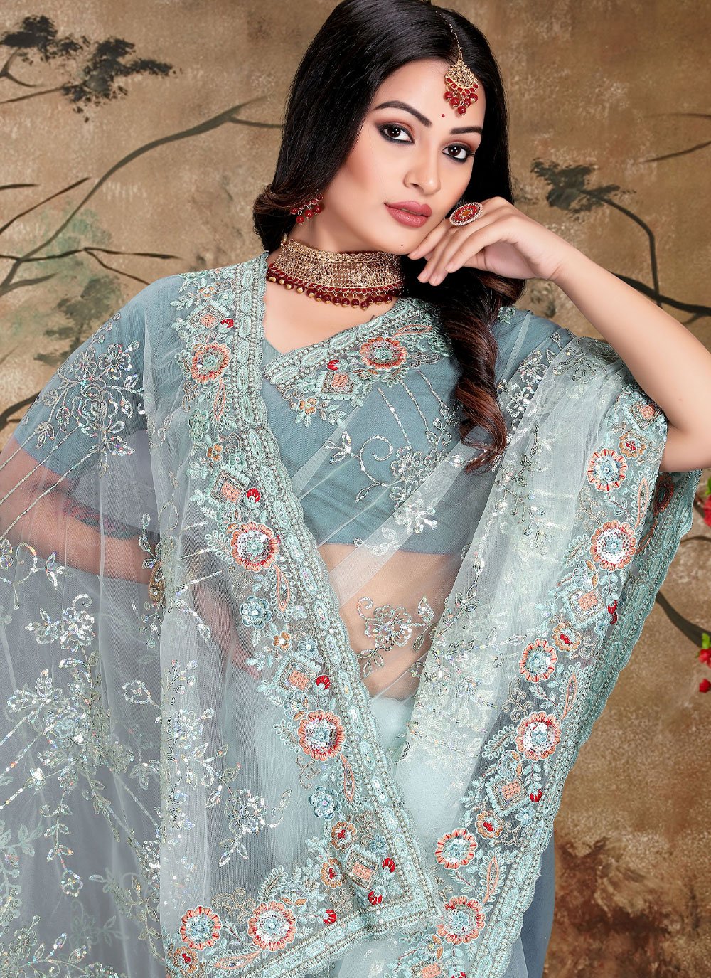 Classic Net Aqua Blue Cord Work Saree