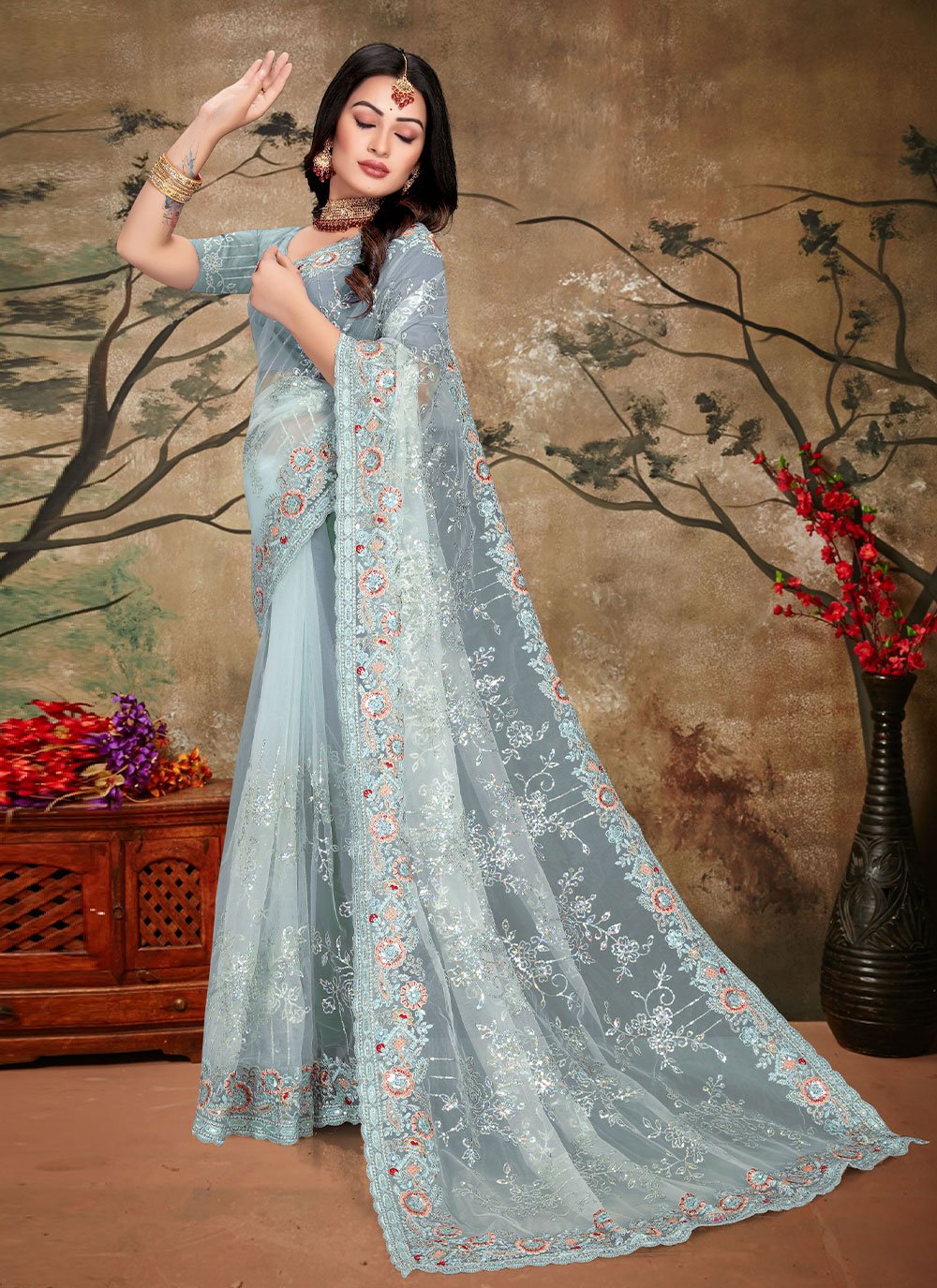 Classic Net Aqua Blue Cord Work Saree