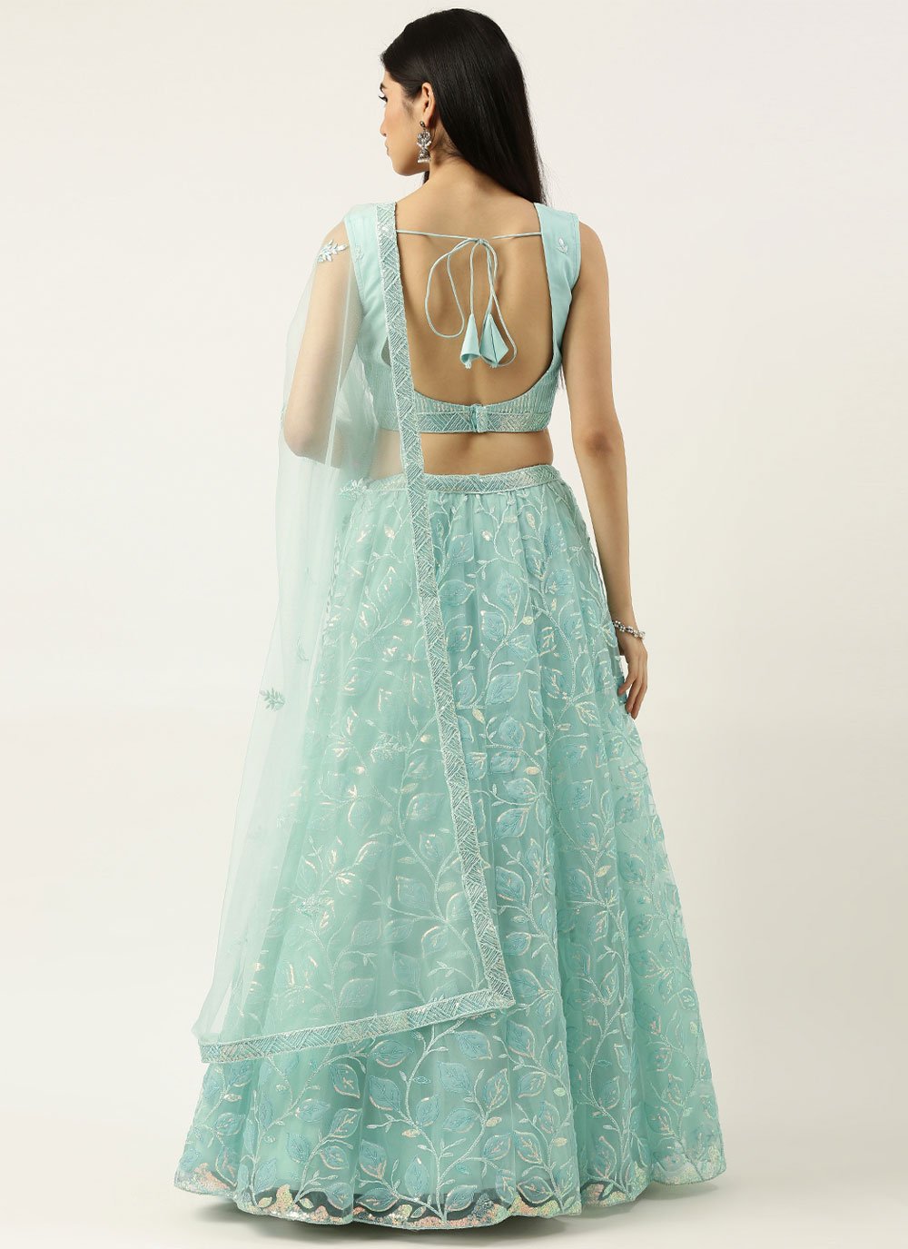 Lehenga Choli Net Aqua Blue Embroidered Lehenga Choli