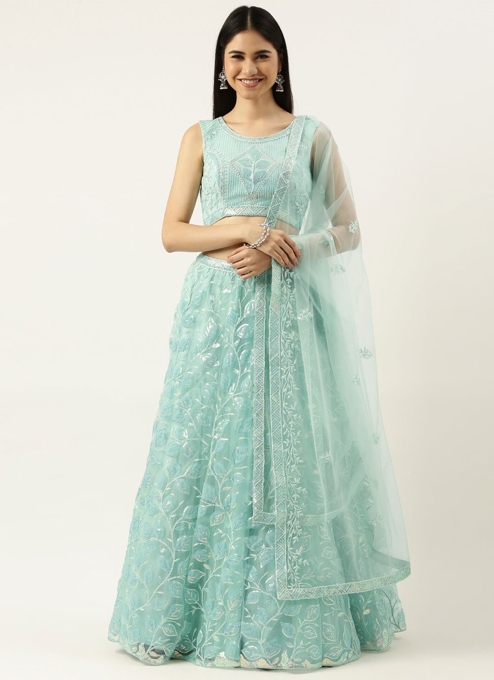 Lehenga Choli Net Aqua Blue Embroidered Lehenga Choli