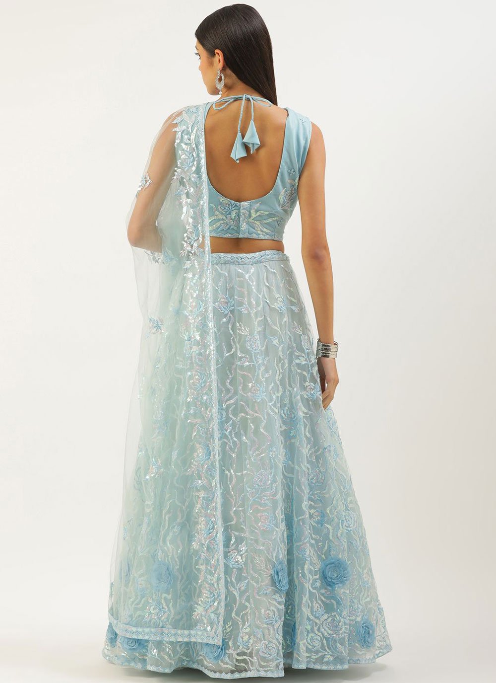 Lehenga Choli Net Aqua Blue Embroidered Lehenga Choli