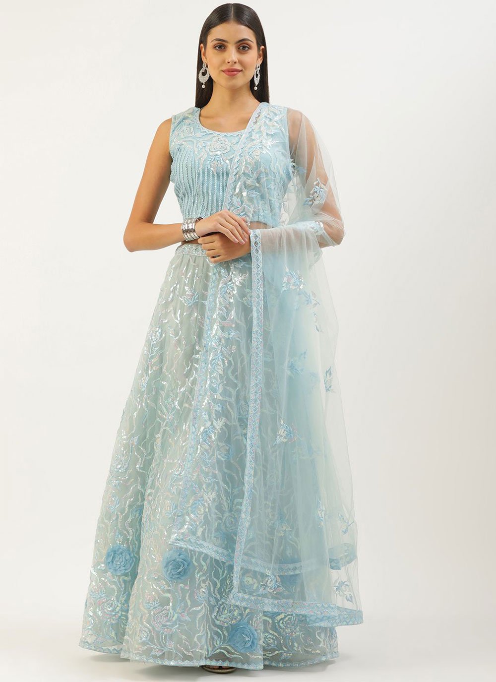 Lehenga Choli Net Aqua Blue Embroidered Lehenga Choli