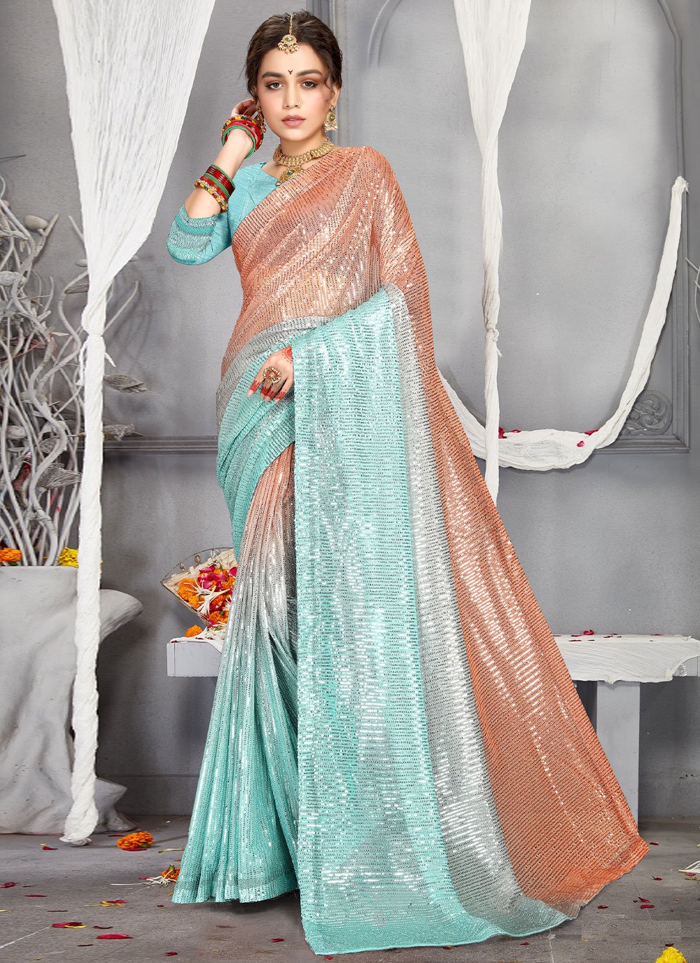 Classic Net Aqua Blue Digital Print Saree