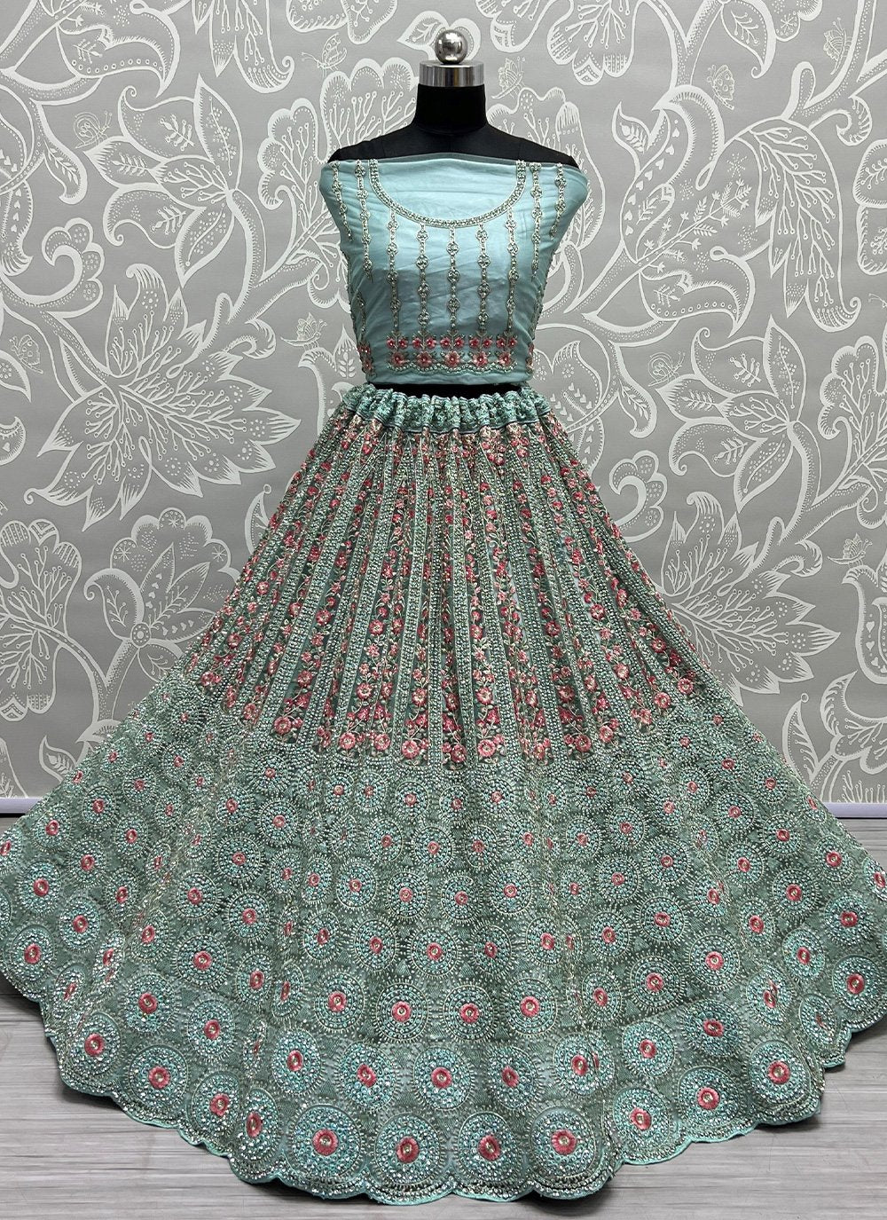 A Line Lehenga Net Aqua Blue Diamond Lehenga Choli