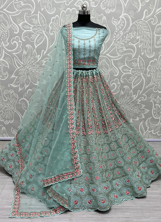 A Line Lehenga Net Aqua Blue Diamond Lehenga Choli