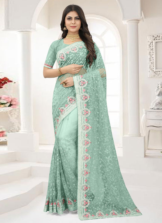 Contemporary Net Aqua Blue Embroidered Saree