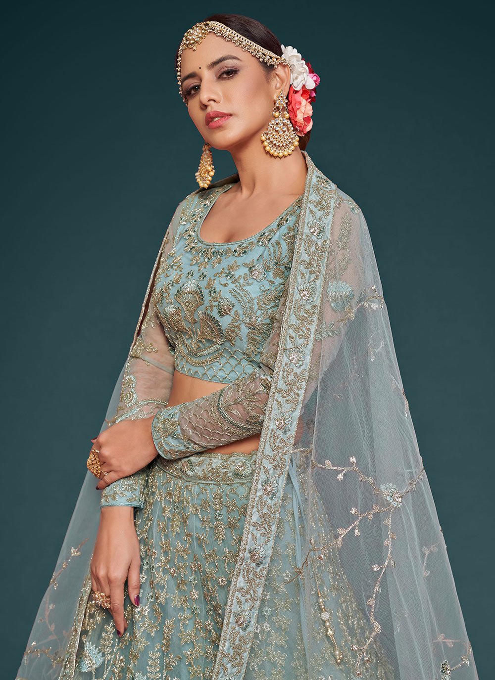 Lehenga Choli Net Aqua Blue Dori Work Lehenga Choli