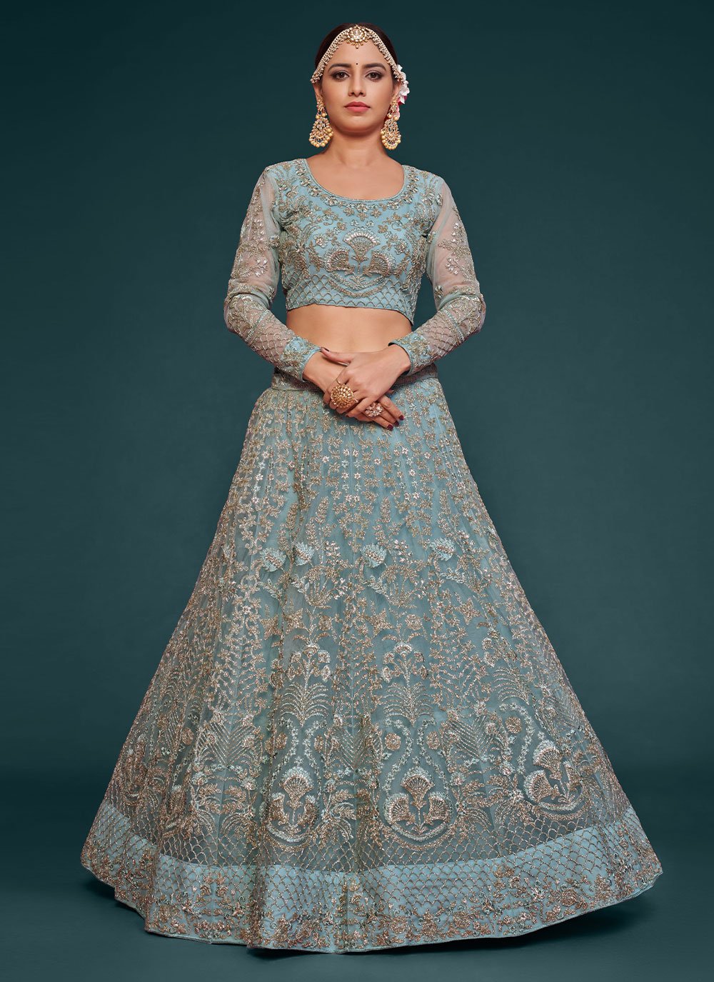 Lehenga Choli Net Aqua Blue Dori Work Lehenga Choli