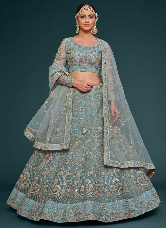 Lehenga Choli Net Aqua Blue Dori Work Lehenga Choli