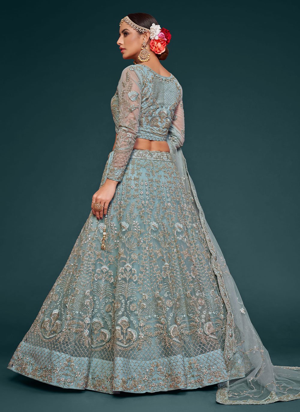 Lehenga Choli Net Aqua Blue Dori Work Lehenga Choli