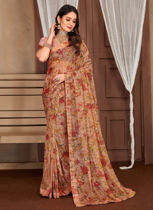 Trendy Saree Net Beige Digital Print Saree