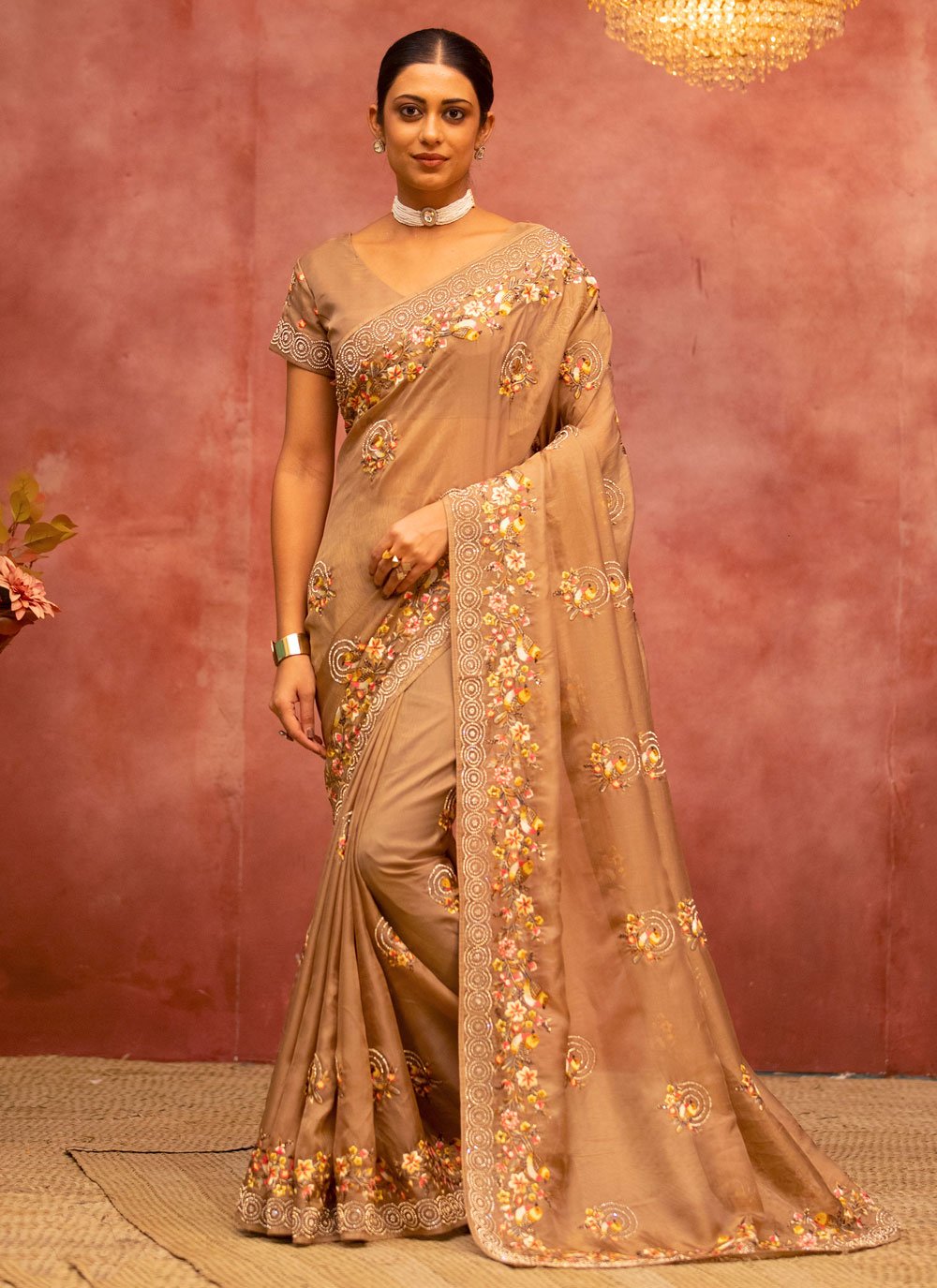 Trendy Saree Net Beige Embroidered Saree