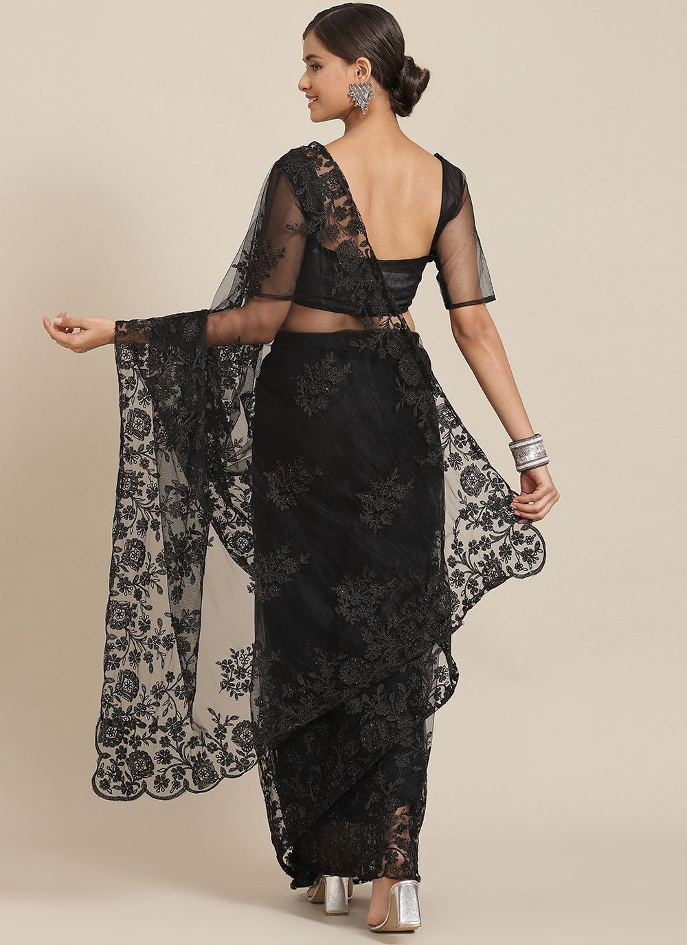 Classic Net Black Embroidered Saree