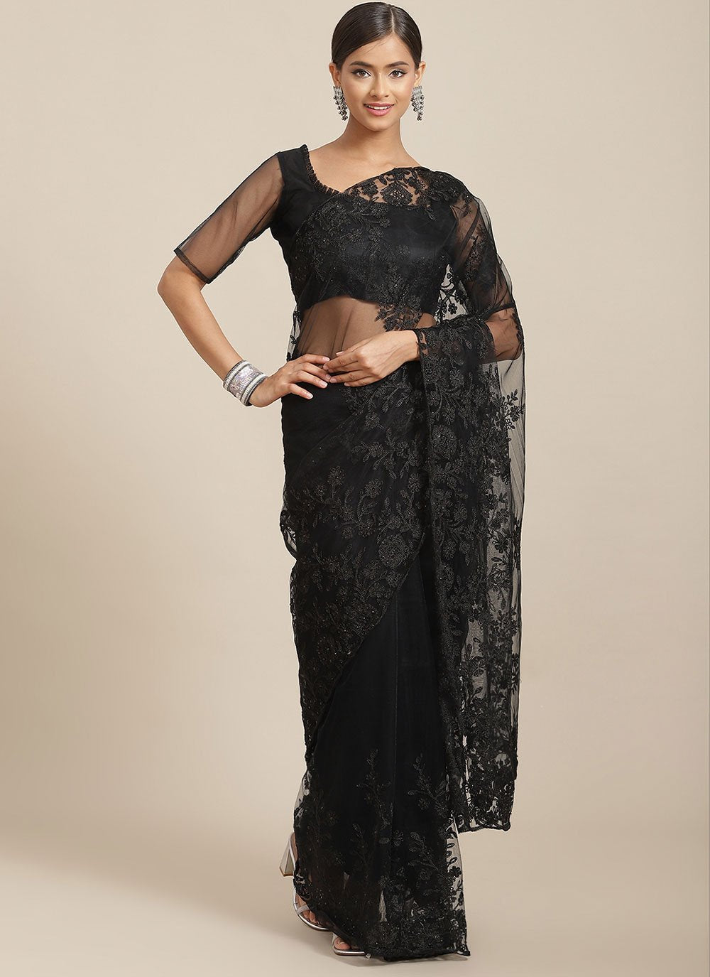 Classic Net Black Embroidered Saree