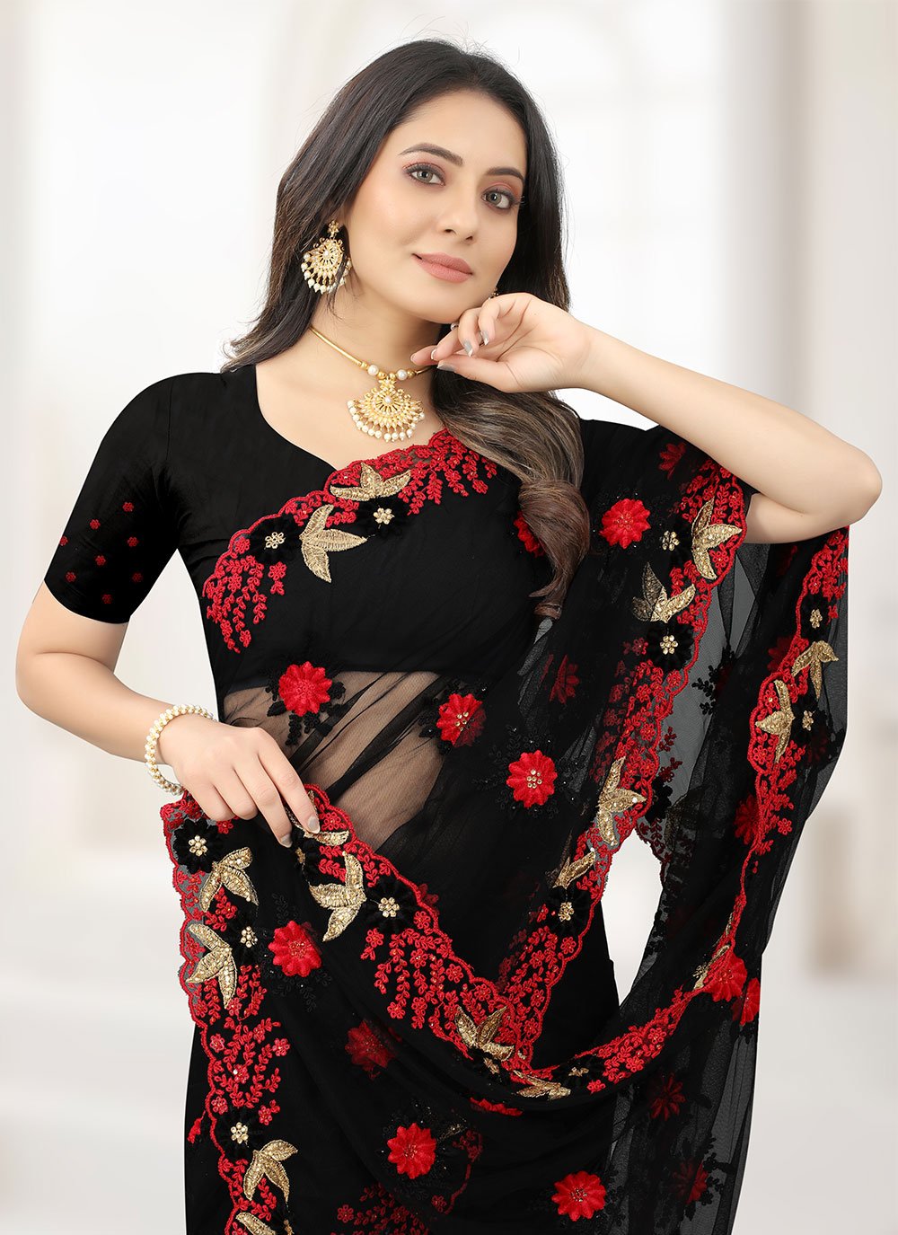 Designer Net Black Embroidered Saree