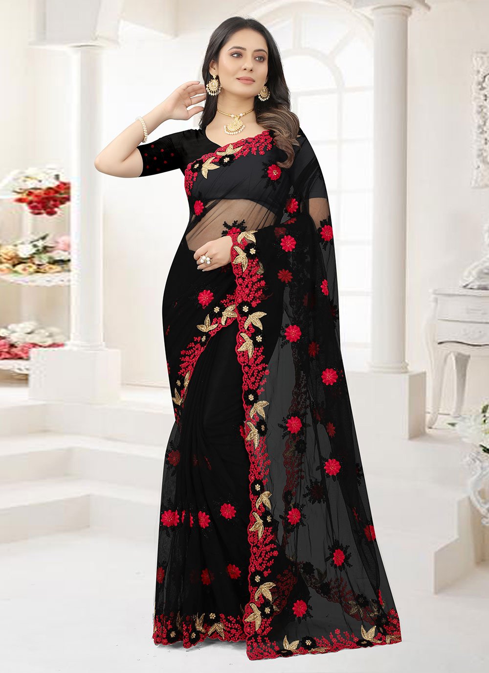 Designer Net Black Embroidered Saree