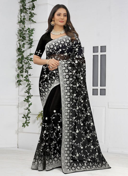 Designer Net Black Embroidered Saree