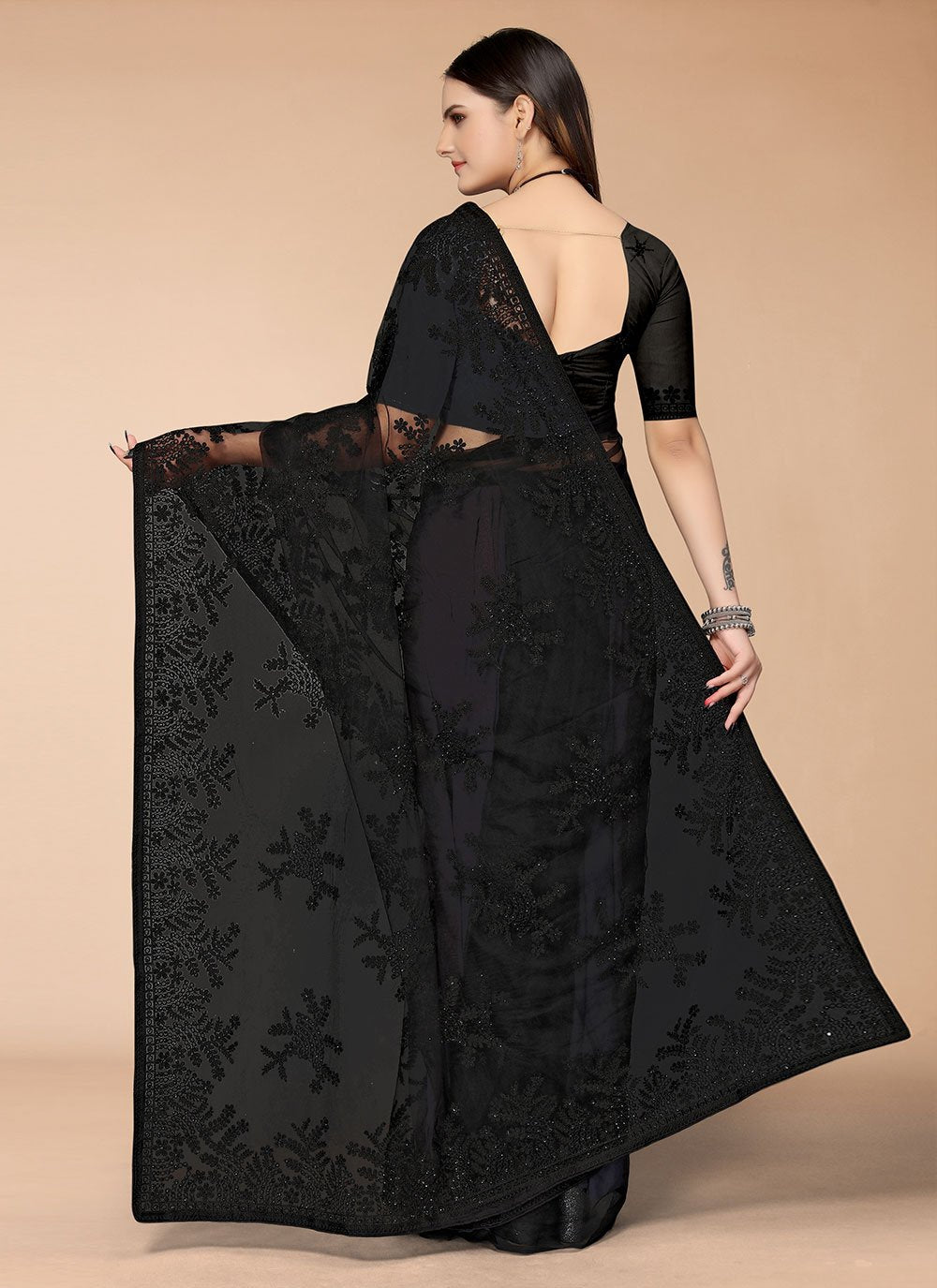 Classic Net Black Embroidered Saree