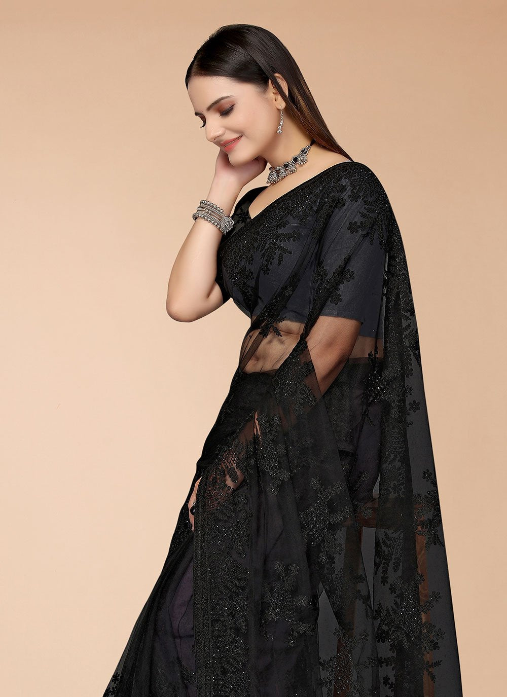 Classic Net Black Embroidered Saree