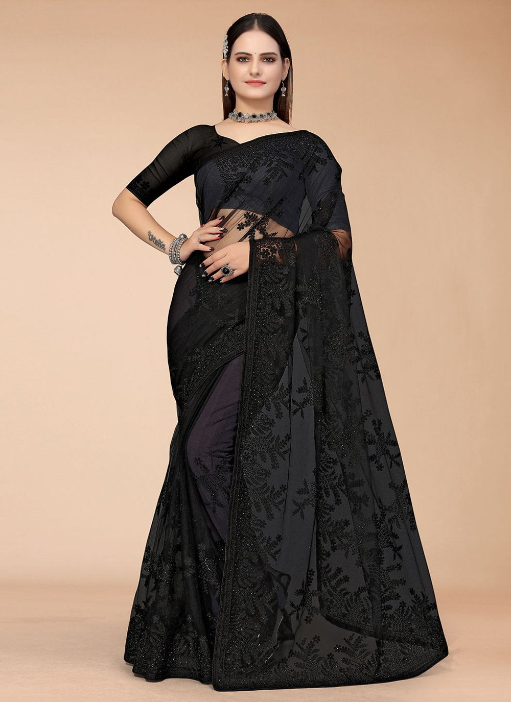 Classic Net Black Embroidered Saree