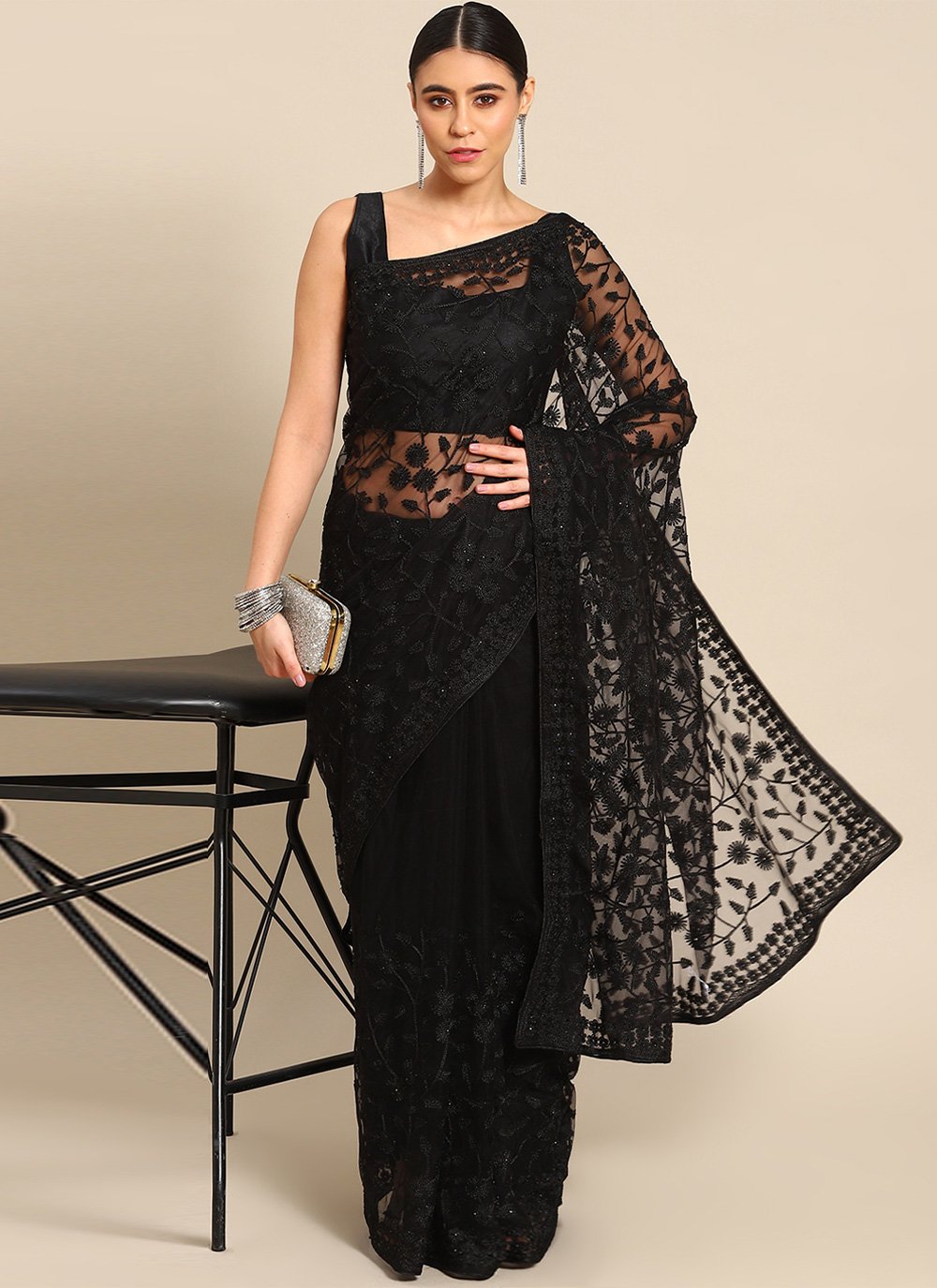 Contemporary Net Black Embroidered Saree