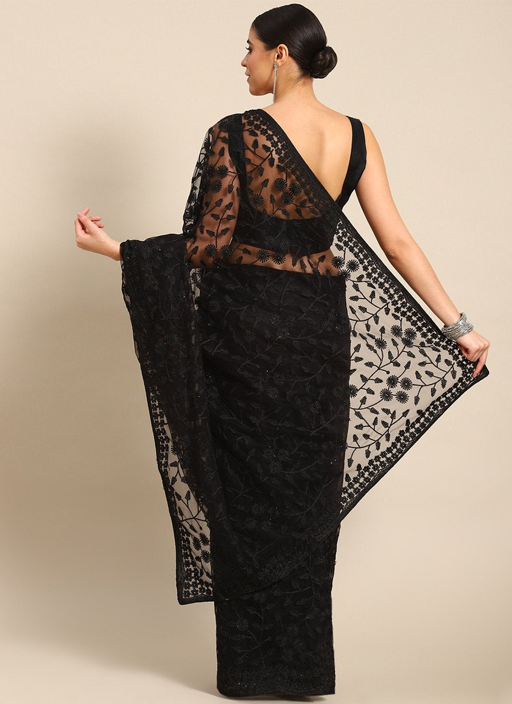 Contemporary Net Black Embroidered Saree