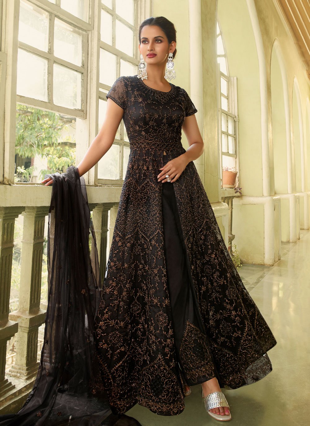 Floor Lenght Salwar Suit Net Black Embroidered Salwar Kameez