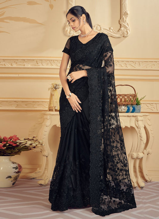 Classic Net Black Embroidered Saree