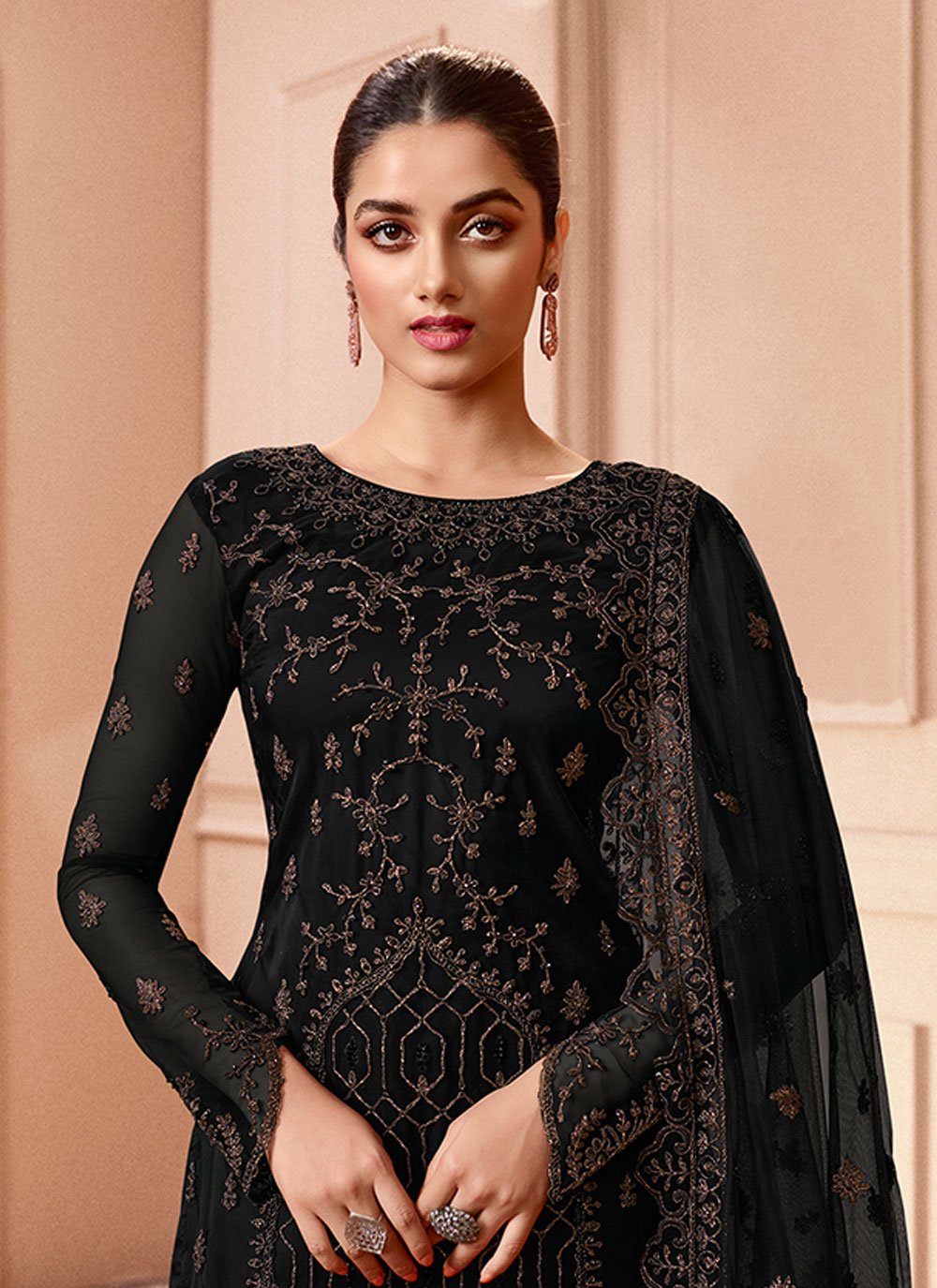 Palazzo Salwar Suit Net Black Embroidered Salwar Kameez