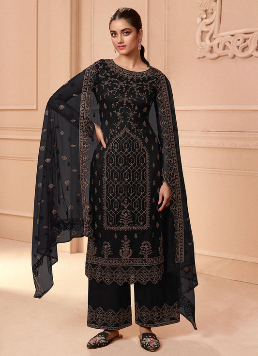 Palazzo Salwar Suit Net Black Embroidered Salwar Kameez