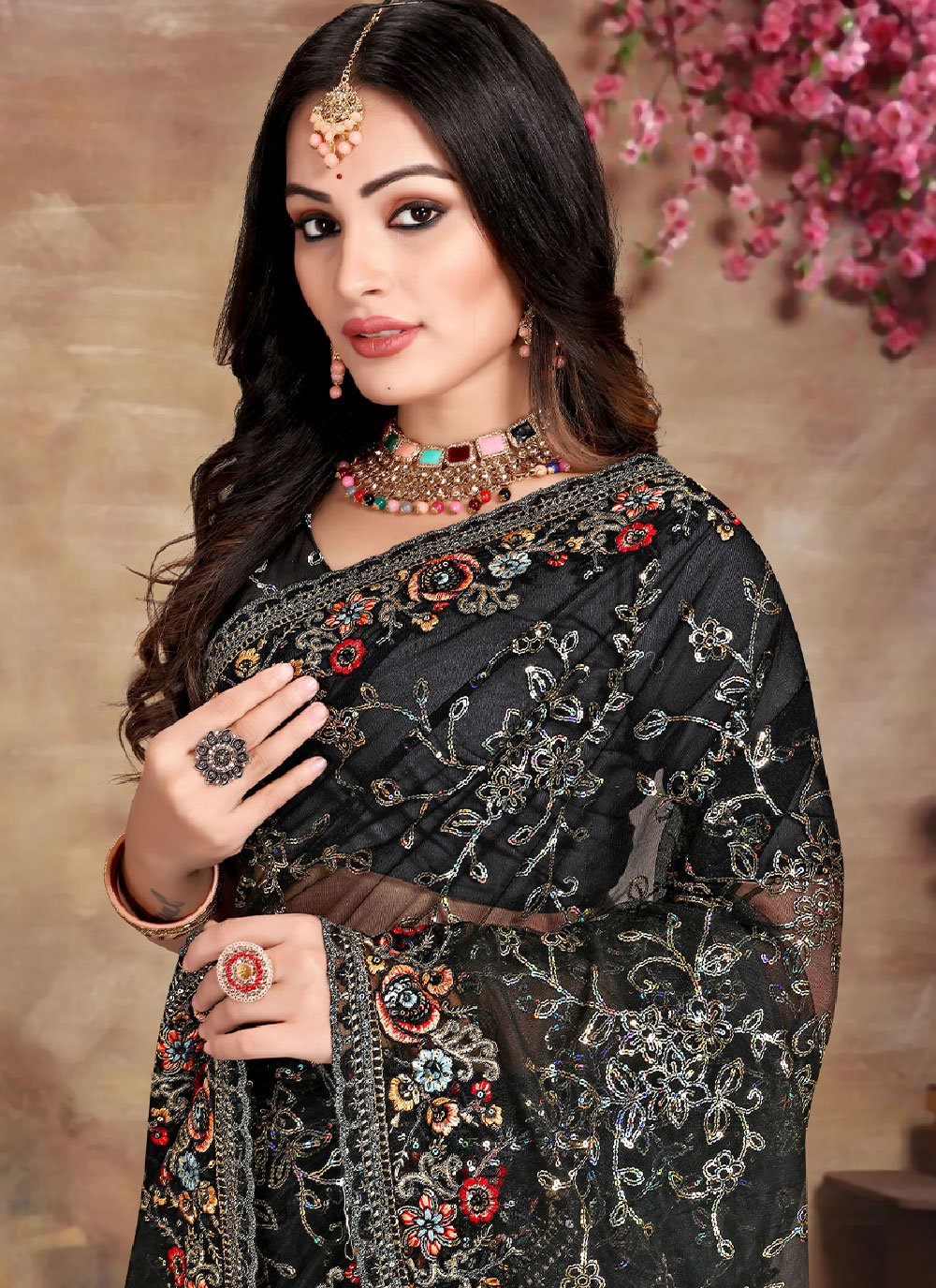 Contemporary Net Black Cord Work Saree