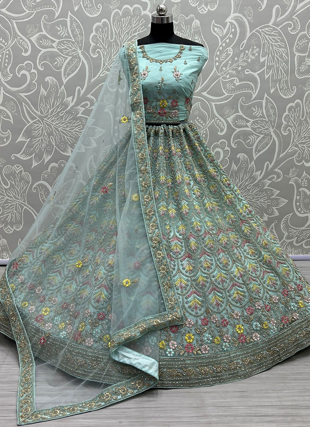 A Line Lehenga Net Blue Diamond Lehenga Choli