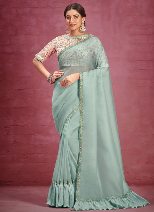 Trendy Saree Net Organza Green Lace Saree