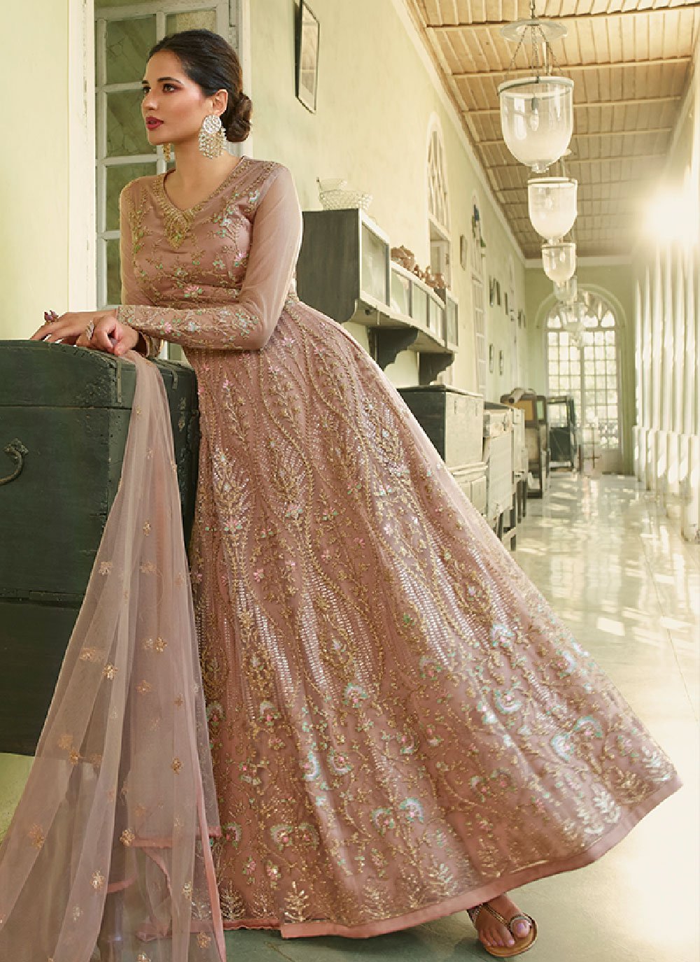 Anarkali Suit Net Brown Embroidered Salwar Kameez