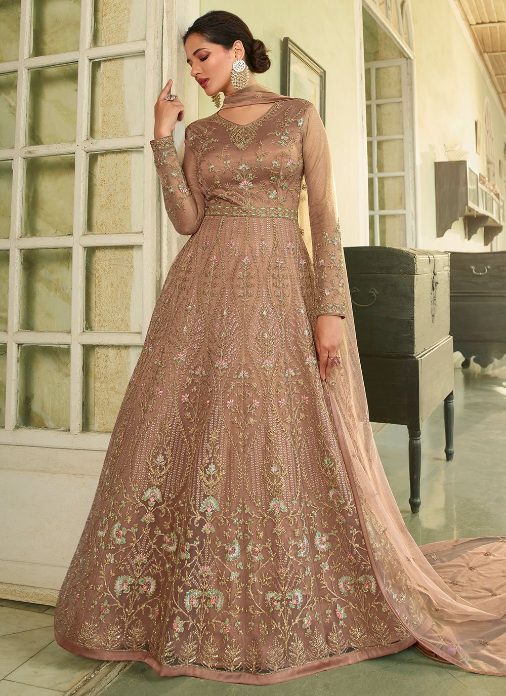 Anarkali Suit Net Brown Embroidered Salwar Kameez