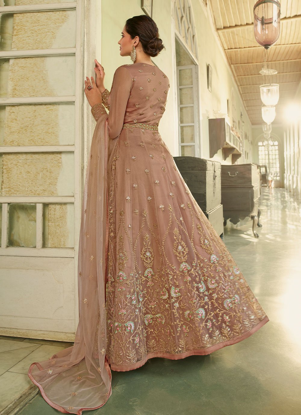 Anarkali Suit Net Brown Embroidered Salwar Kameez