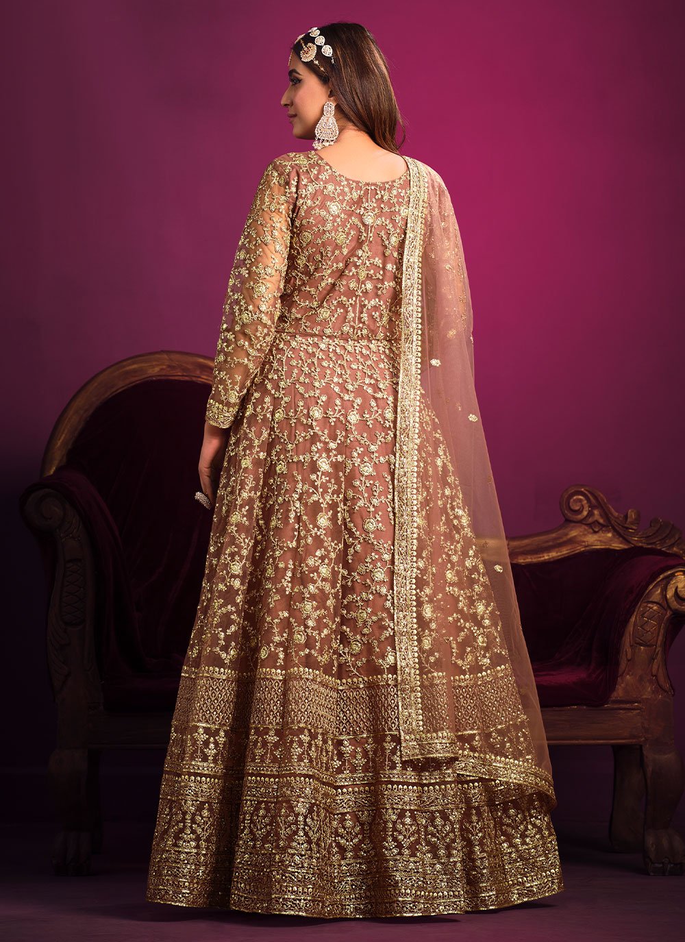 Salwar Suit Net Brown Embroidered Salwar Kameez