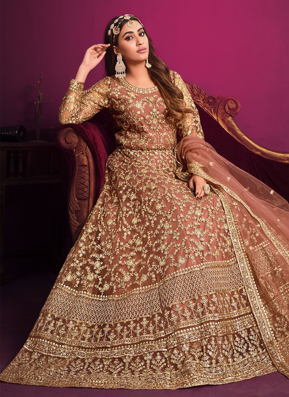 Salwar Suit Net Brown Embroidered Salwar Kameez