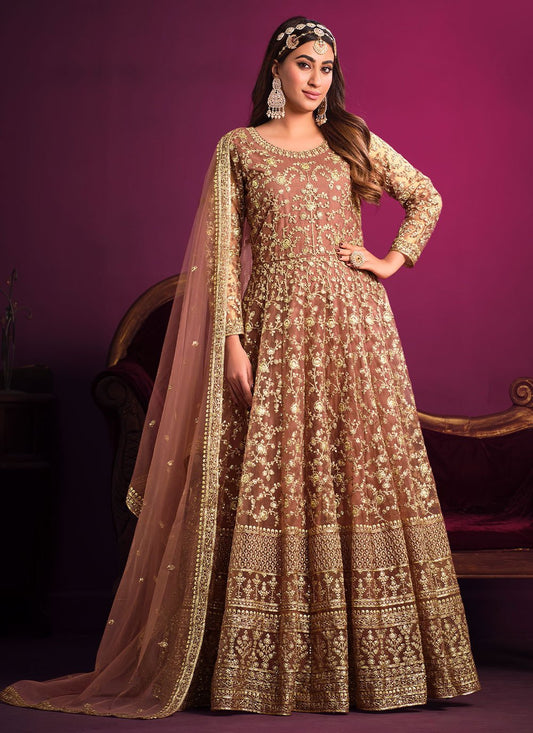 Salwar Suit Net Brown Embroidered Salwar Kameez