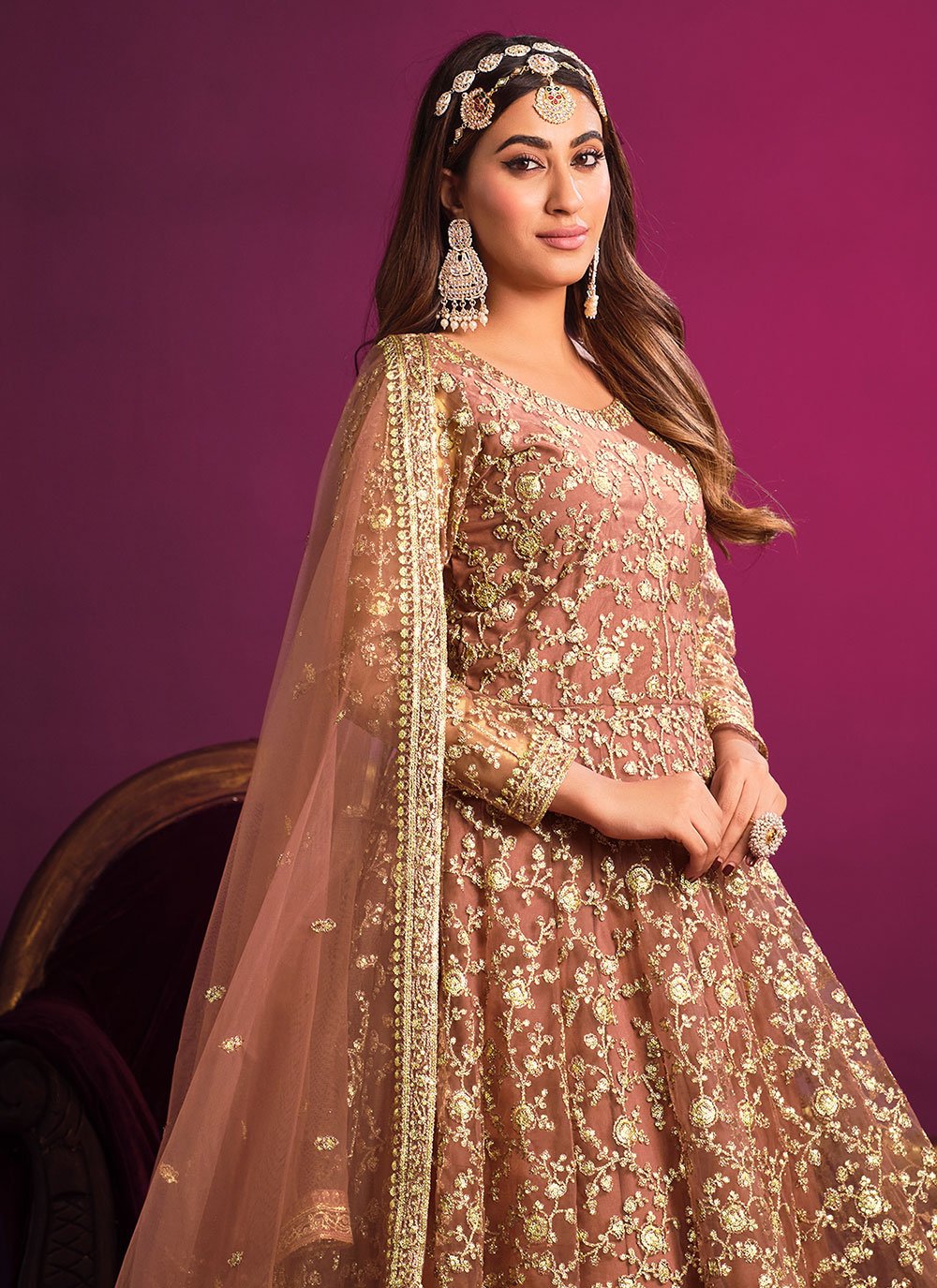 Salwar Suit Net Brown Embroidered Salwar Kameez