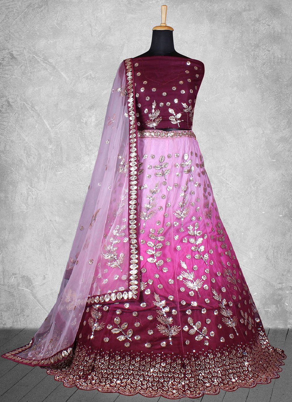 A Line Lehenga Net Burgundy Fuchsia Cord Work Lehenga Choli