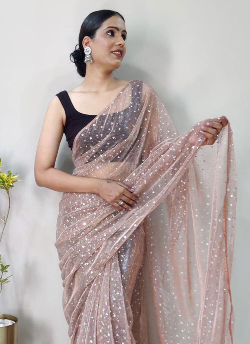 Classic Net Peach Sequins Saree