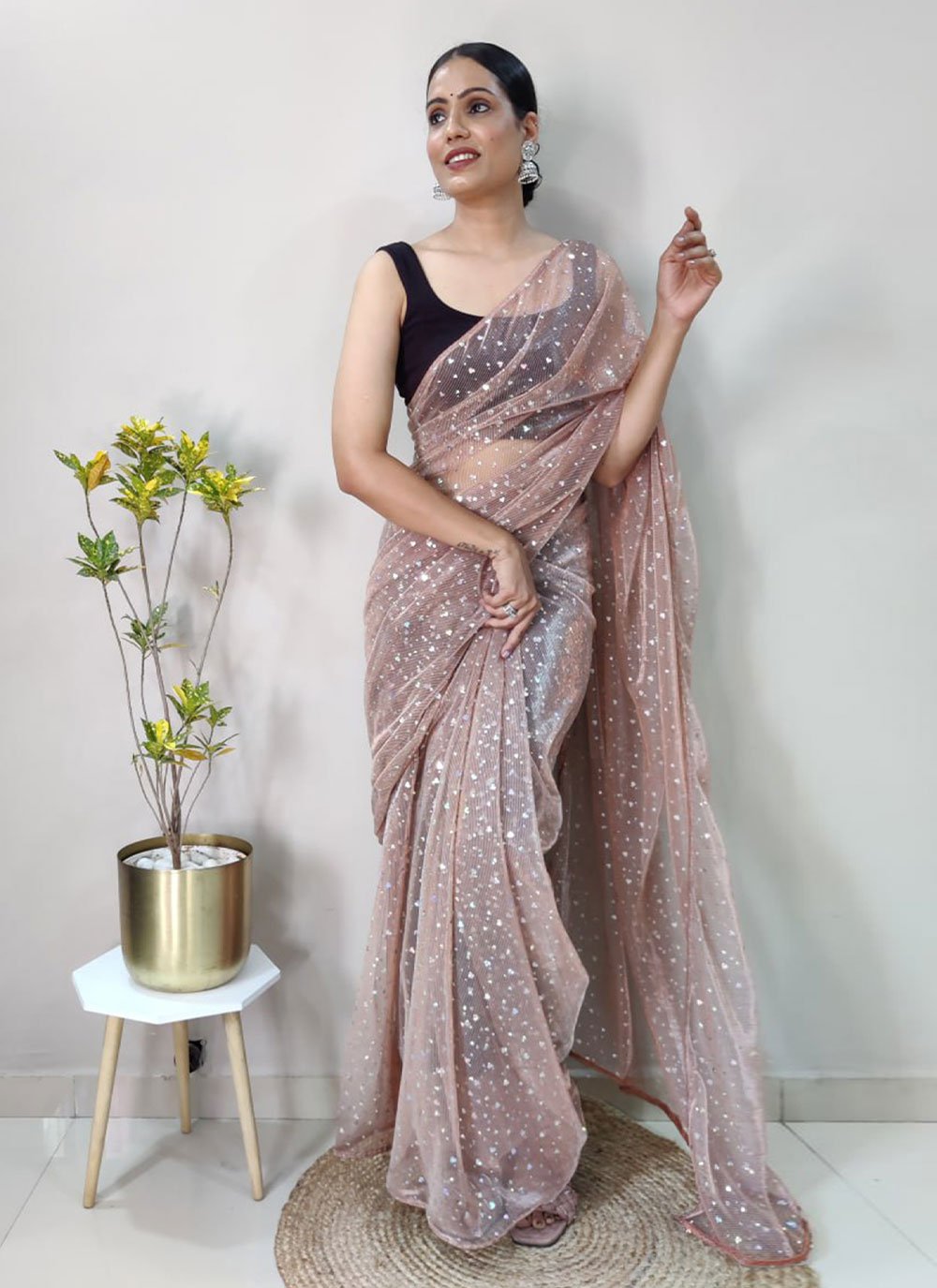 Classic Net Peach Sequins Saree