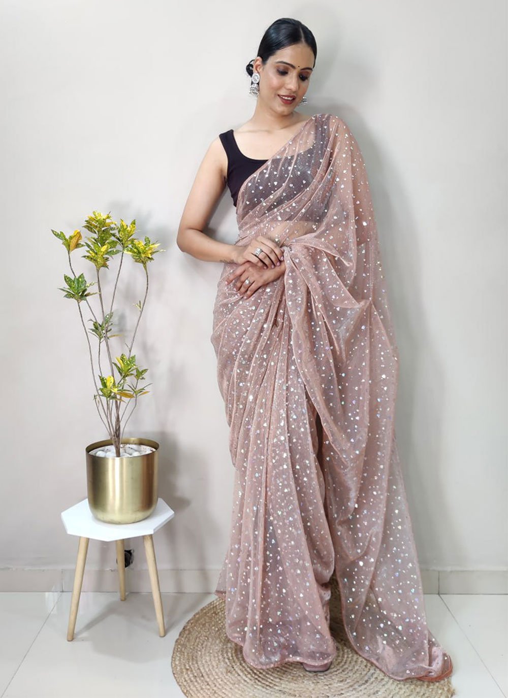 Classic Net Peach Sequins Saree