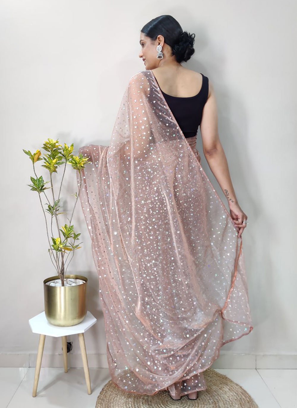 Classic Net Peach Sequins Saree