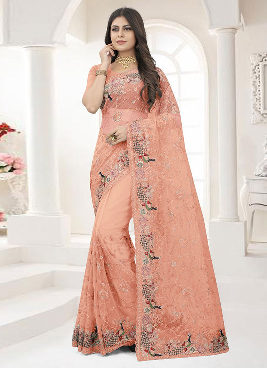 Designer Net Peach Embroidered Saree