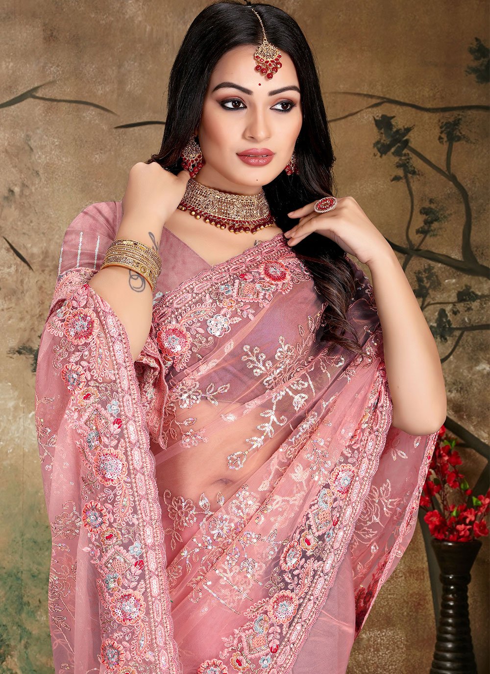 Classic Net Pink Cord Work Saree