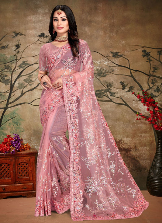 Classic Net Pink Cord Work Saree